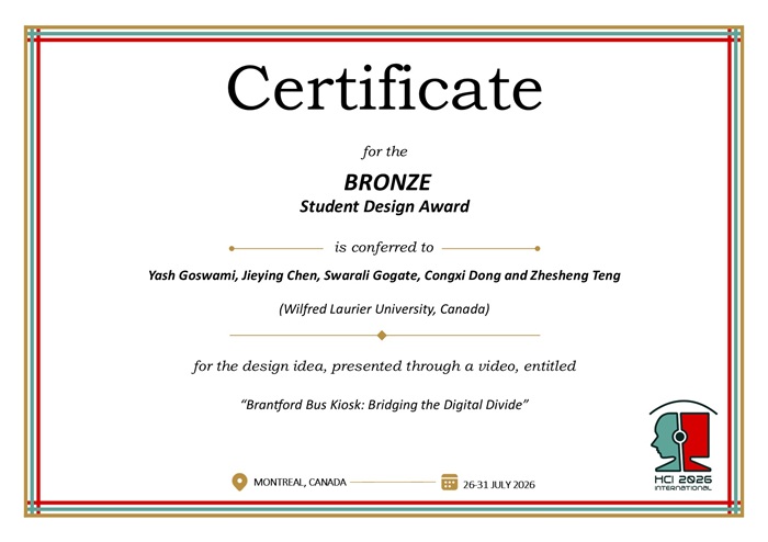 Certificate for the BRONZE student design award. Details in text following the image